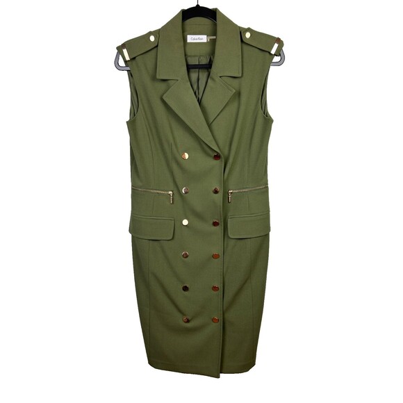 Calvin Klein Double Breasted Military Green Button Front Dress Sleeveless sz 8 - Picture 1 of 14